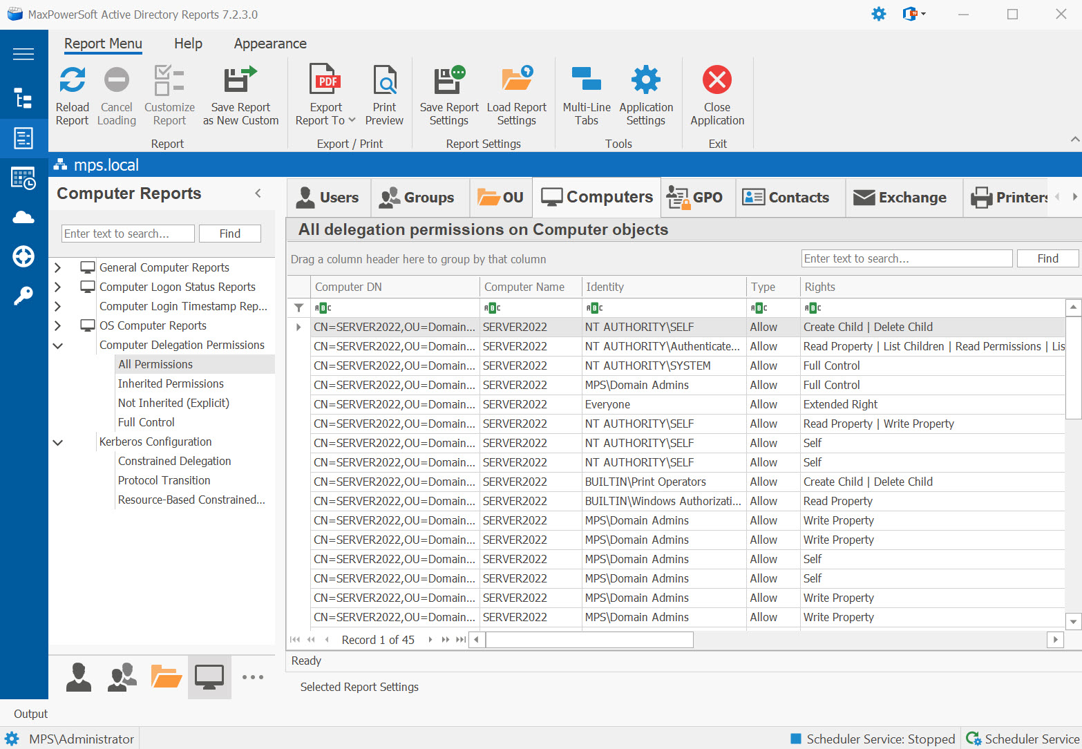 AD Reports Computer Delegation Permissions Reports