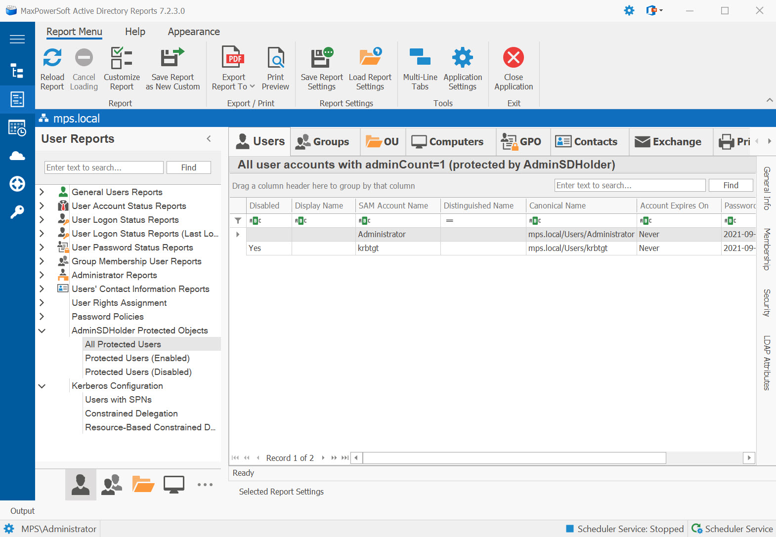 AD Reports AdminSDHolder Protected Objects Reports