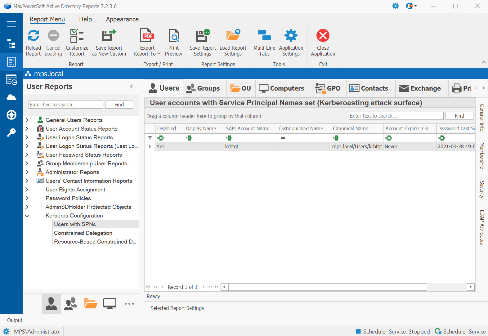 AD Reports User Kerberos Configuration Reports