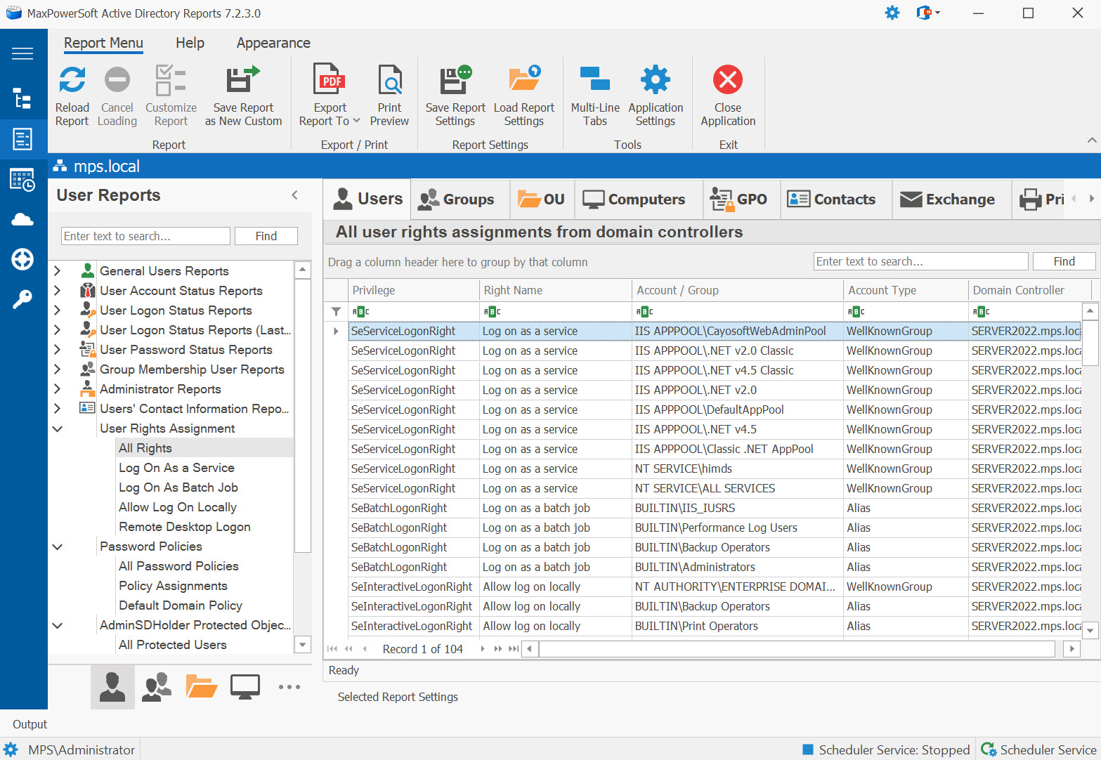 AD Reports User Rights Assignment Reports